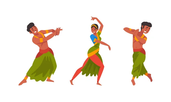 Mladý muž a žena indické tanečnice s bindštinou v tradičních šatech provedení lidový tanec vektor set — Stockový vektor