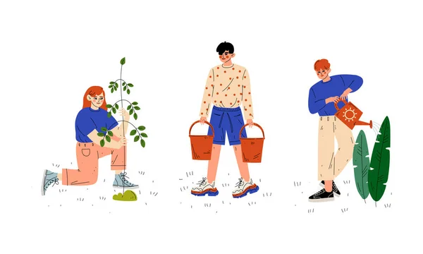 Homme et femme travaillant dans l'arrosage et la culture de plantes vectorielles Set — Image vectorielle