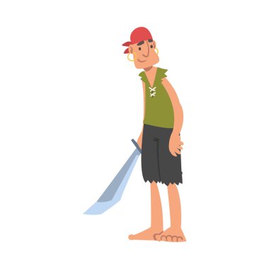 Çıplak Ayaklı Korsan ya da Korsan Karakteri Bandana 'yı Denizci Hırsızı Vektör İllüzyonu Olarak Giyiyor