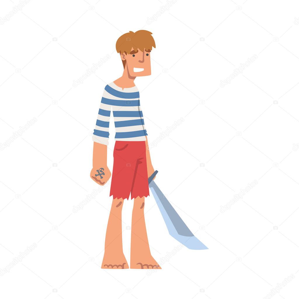Man Pirate or Buccaneer Character in Striped Vest with Sabre as Marine Robber Vector Illustration