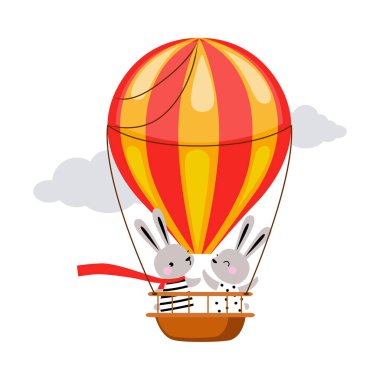 Sıcak Hava Balonu Vektör Resimlerinde Uçan Dalgalanan Atkılı Şirin Tavşan Hayvanı