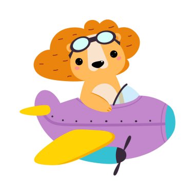 Pervane vektörü illüstrasyonuyla uçakla uçan Gözlüklü Sevimli Aslan Hayvan