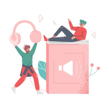 Podcast veya Spoken Episodic Serie Man Karakteriyle Dinleme Kulaklık Taşıma ve Büyük Kitap Resimleri Üzerine Yalan Söyleme
