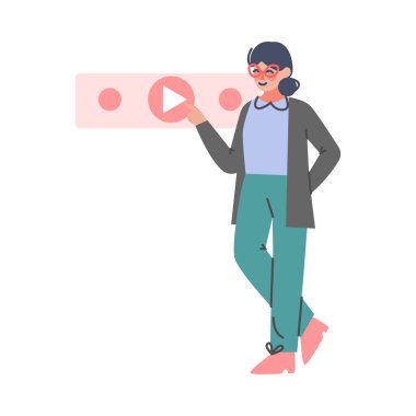 Podcast ya da Spoken Episodic Serie Dinleme with Woman Characting Big Play Button Vector Illustration