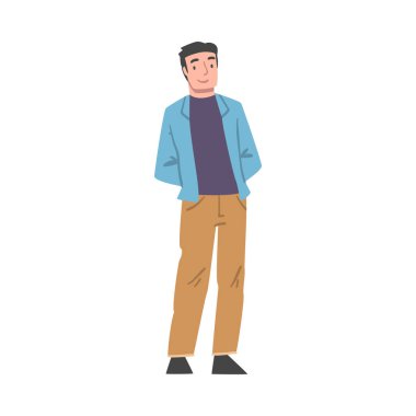 Gülümseyen Yüzle Duran Pozitif Adam Karakteri Mutluluk Duyuyor ve Yüce Ruh Vektör İllüzyonunda