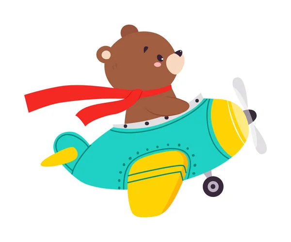 Cute Bear Animal with Fluttering Scarf Flying on Airplane with Propeller Vector Illustration — Stock Vector