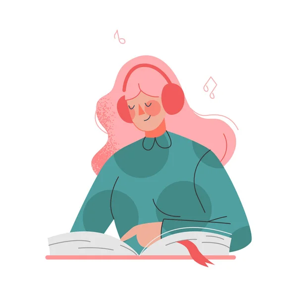 Podcast o Serie Episodica Parlata Ascolto con Rosa Capelli Donna Personaggio in Cuffie Lettura Libro Vettoriale Illustrazione — Vettoriale Stock