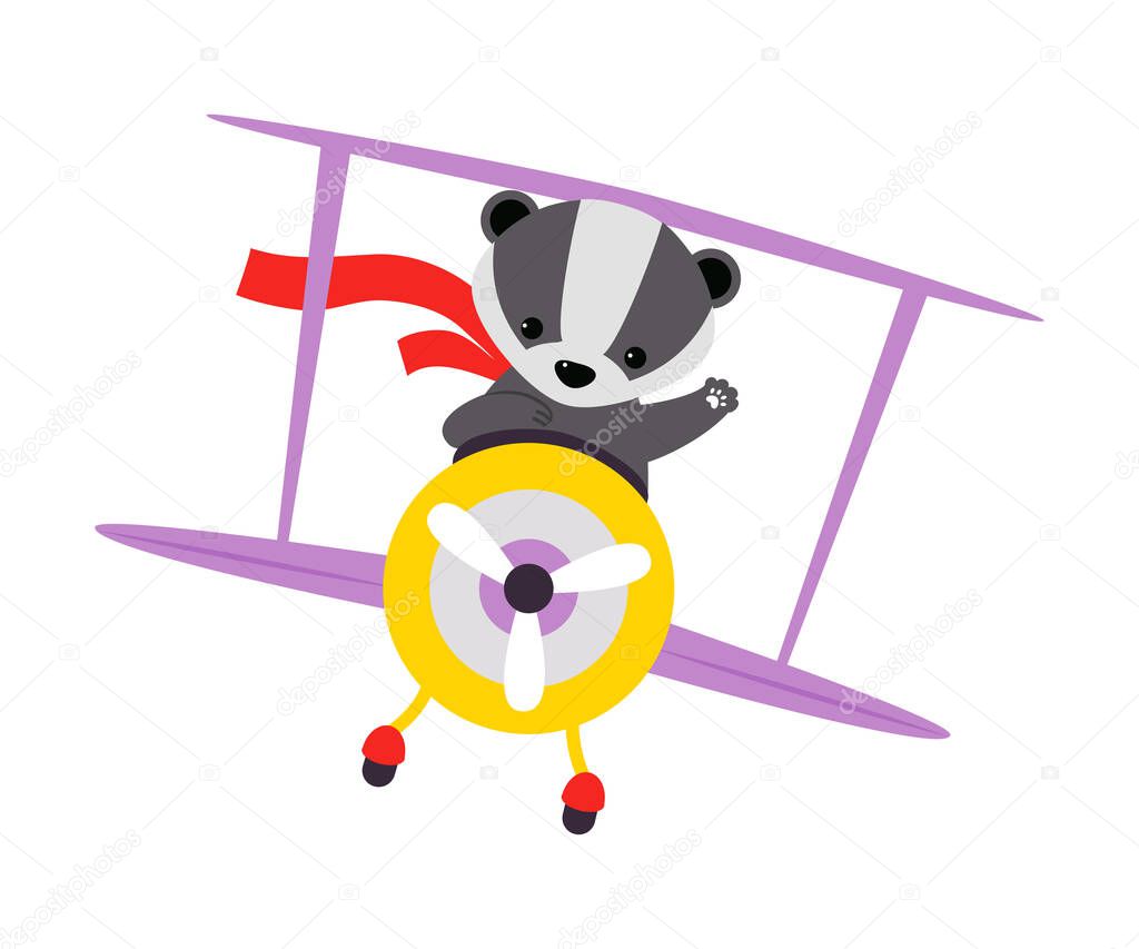 Cute Badger Animal with Fluttering Scarf Flying on Airplane with Propeller and Waving Paw Vector Illustration