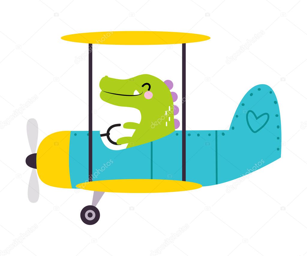 Cute Green Crocodile Flying on Airplane with Propeller Vector Illustration