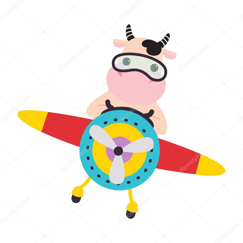 Cute Cow Animal with Goggles Flying on Airplane with Propeller Vector Illustration