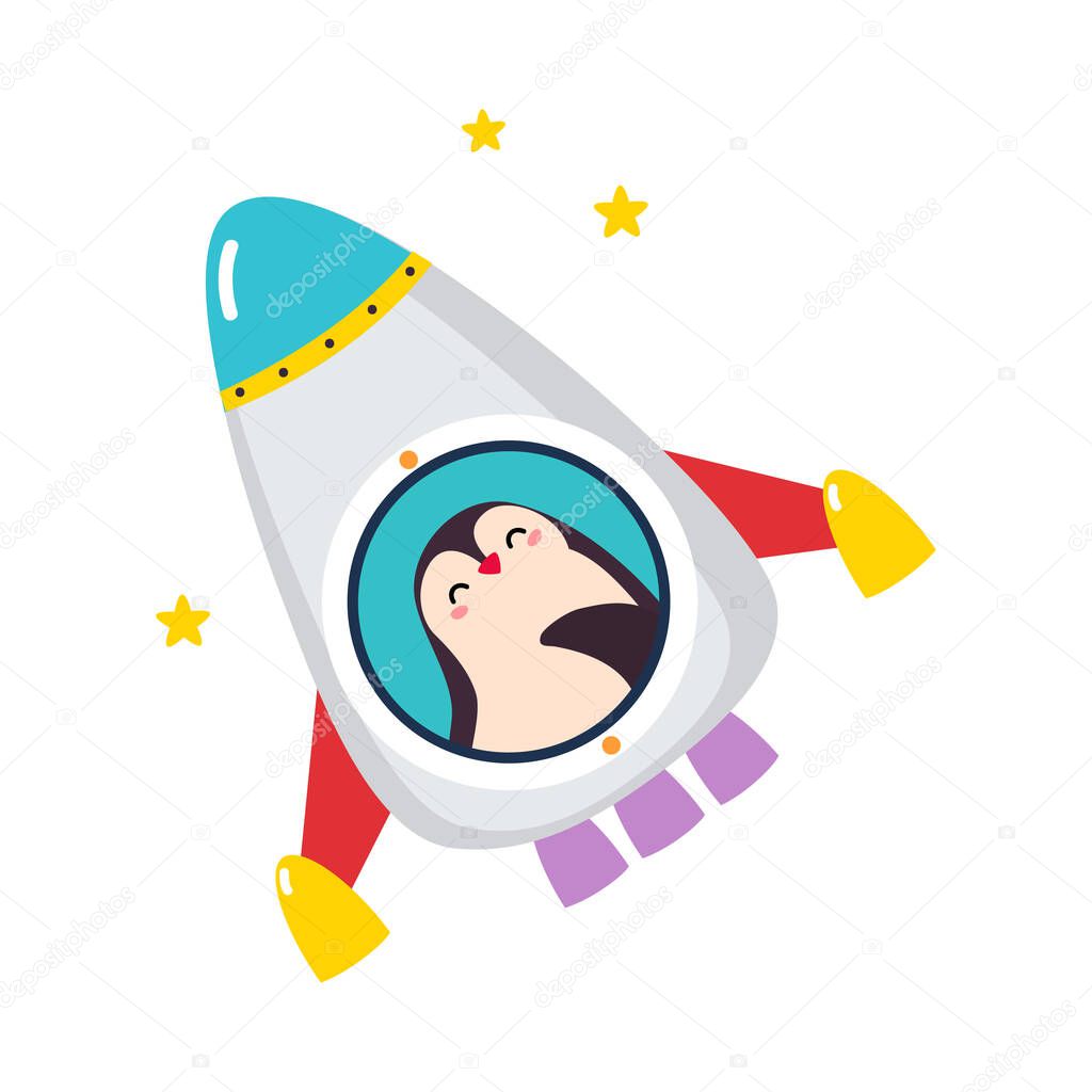 Cute Penguin Animal Flying on Board of Rocket Launching in Cosmos Vector Illustration