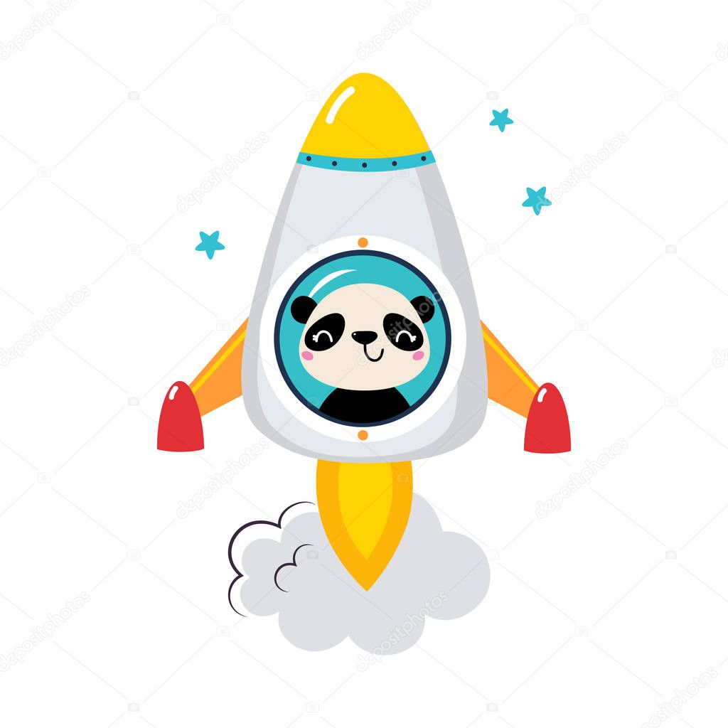 Cute Panda Animal Flying on Board of Rocket Launching in Cosmos Vector Illustration