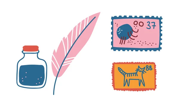 Tarro de tinta con plumas y sellos postales como conjunto de vectores de símbolo postal — Vector de stock