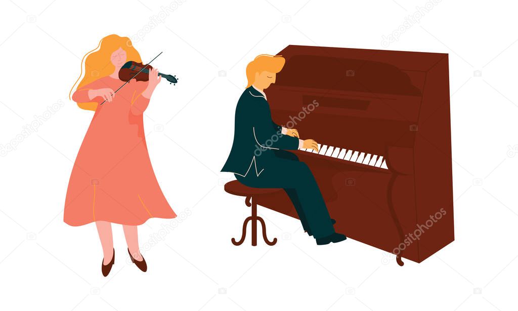 Man and Woman Musician Instrumentalist Performing Music Playing Musical Instrument Vector Set