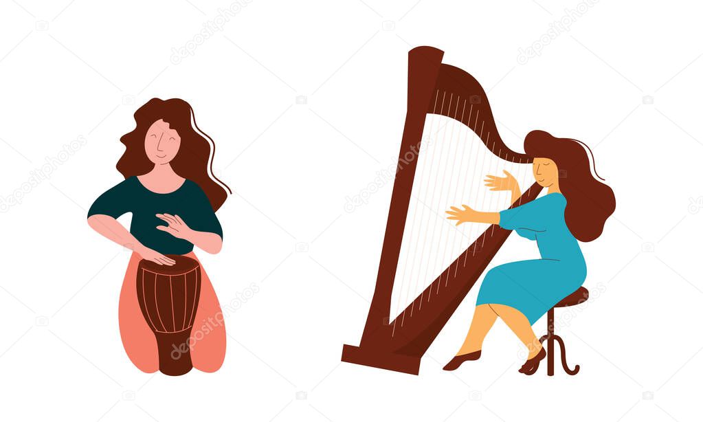 Woman Musician Instrumentalist Performing Music Playing Musical Instrument Vector Set