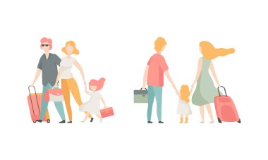 Aile Seyahati Çocuklar Çanta Çekme Çocuk Tutma Elle Vektör Seti