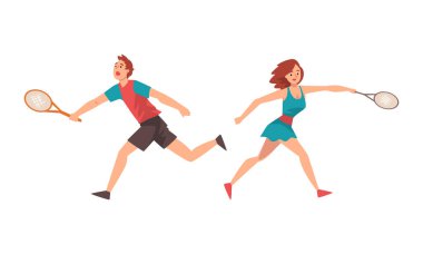 Erkek ve Kadın Tenis Oynuyor Raket Spor Salon Vektörü Set 'inde