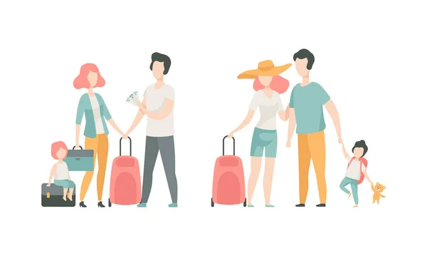 Famille voyageant avec des enfants tirant la valise tenant l'enfant à la main Ensemble vectoriel — Image vectorielle