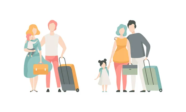 Família viajando com crianças puxando mala segurando criança pelo conjunto de vetores manuais — Vetor de Stock