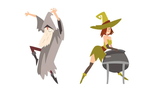 Sorcerer in Pointed Hat Practicing Wizardry and Witchcraft Boiling Poison in Cauldron Vector Set — Stock Vector
