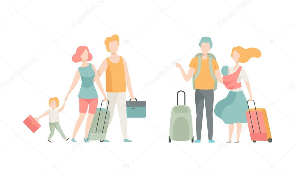 Family Travelling with Kids Pulling Suitcase Holding Child by Hand Vector Set