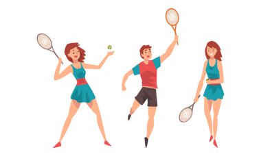 Erkek ve Kadın Tenis Oynuyor Raket Spor Salon Vektörü Set 'inde