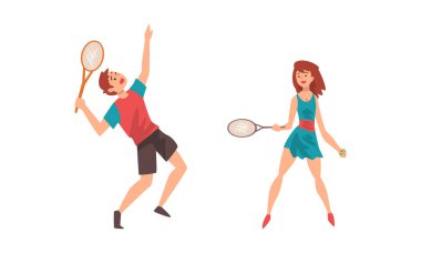 Erkek ve Kadın Tenis Oynuyor Raket Spor Salon Vektörü Set 'inde
