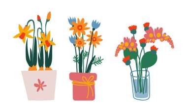 Ev Botanik Dekoru Vektörü olarak Çiçek Bunch veya Buket içeren vazo