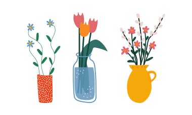 Ev Botanik Dekoru Vektörü olarak Çiçek Bunch veya Buket içeren vazo