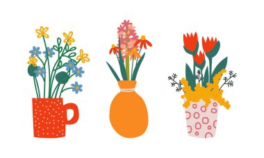 Ev Botanik Dekoru Vektörü olarak Çiçek Bunch veya Buket içeren vazo