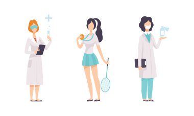 Güçlü Kadın Tıbbi Araştırma Yapıyor ve Tenis Turnuvası Vektörü Seti