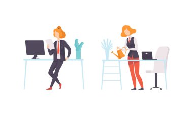 Ofis Masası Vektörü Set 'te Takım Elbiseli Kadın ile İş ve Kariyer