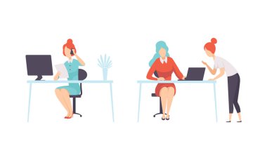 Ofis Masasında Kadınla İş ve Kariyer Telefonla Konuşuyor ve Belge Vektörüyle Çalışıyor