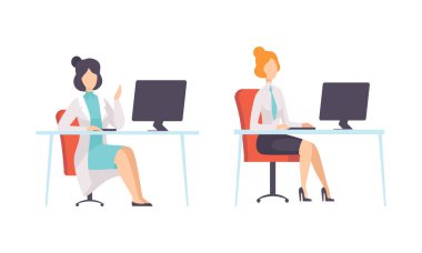 Ofis Masası Vektörü Set 'te Takım Elbiseli Kadın ile İş ve Kariyer