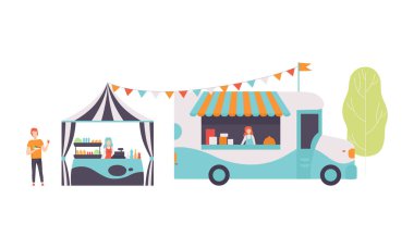 Gıda ve Atıştırmalık Vektörü Seti Tezgahında Kadınla Eğlence Parkı Büfesi ve Çadırı