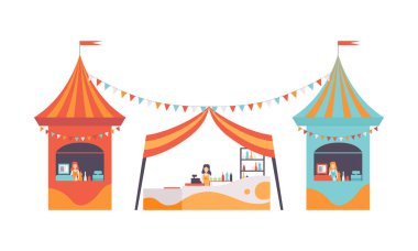 Gıda ve Atıştırmalık Vektörü Seti Tezgahında Kadınla Eğlence Parkı Büfesi ve Çadırı