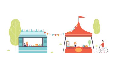 Gıda ve Atıştırmalık Vektörü Seti Tezgahında Kadınla Eğlence Parkı Büfesi ve Çadırı