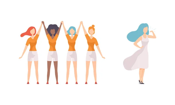 Donna in piedi insieme tenendo le mani e mostrando il muscolo come Gender Equity Vector Set — Vettoriale Stock