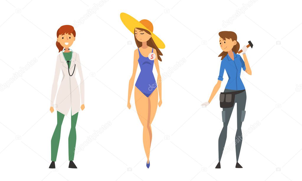 Woman Engaged in Different Profession as Gender or Sexual Equality Vector Set