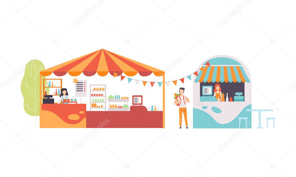 Amusement Park Kiosk and Tent with Woman at Counter Selling Food and Snack Vector Set