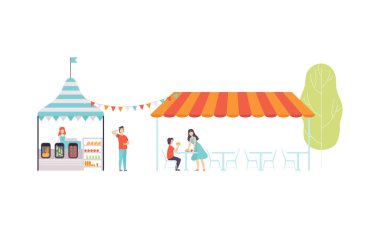 Çizgili Tenteli Park Büfesi ve Gıda ve Atıştırmalık Vektörü Seti Tezgahında Kadın