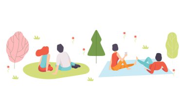 Romantik Çift Doğada Pikniğin Tadını Çıkartıyor Battaniye Arkasında Oturuyor Görünüm Vektörü Ayarlandı