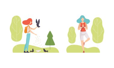 İnsanlar Park 'ta Yoga Yapan ve Güvercin Vector Seti Besleyen Kadın' la Dinleniyor