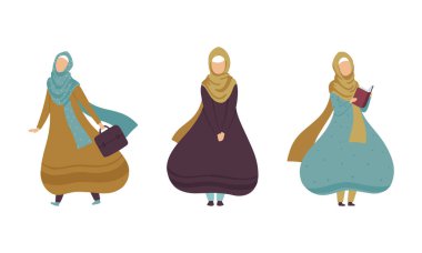 Başörtülü Müslüman Kadın Çanta Taşıyor ve Kitap Vektörü Ayarları