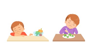 Little Boy at Table Showing Dislike and Disgust Towards Broccoli and Vegetable Vector Set clipart