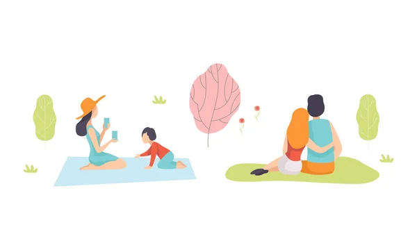 People Character Enjoying Picnic in Nature Sitting on Blanket and Grass Vector Set