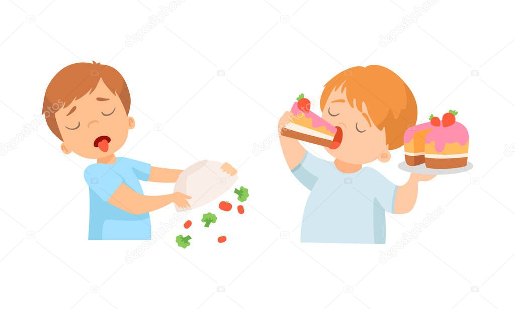 Little Boy Gulping Sweet Cake and Throwing Bowl with Vegetable Showing Dislike and Disgust Vector Set