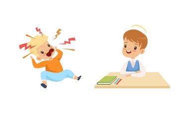 Yaramaz Kızgın Çocuk Bağırıyor ve İtaatkar Küçük Çocuk Okul Masasında Oturuyor