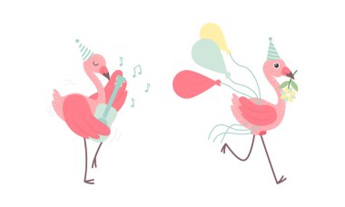 Doğumgünü Partisi Şapkasında Şirin Pembe Flamingo Bir sürü Balon Taşıyor ve Gitar Vector Çalıyor