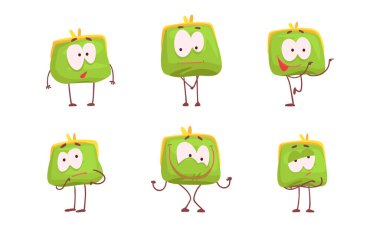 Komik Yüzler Seti, Yeşil Komik Cüzdan Karakterleri Farklı Duyguları Gösteren Çizgi Roman Vektör İllüstrasyonu I